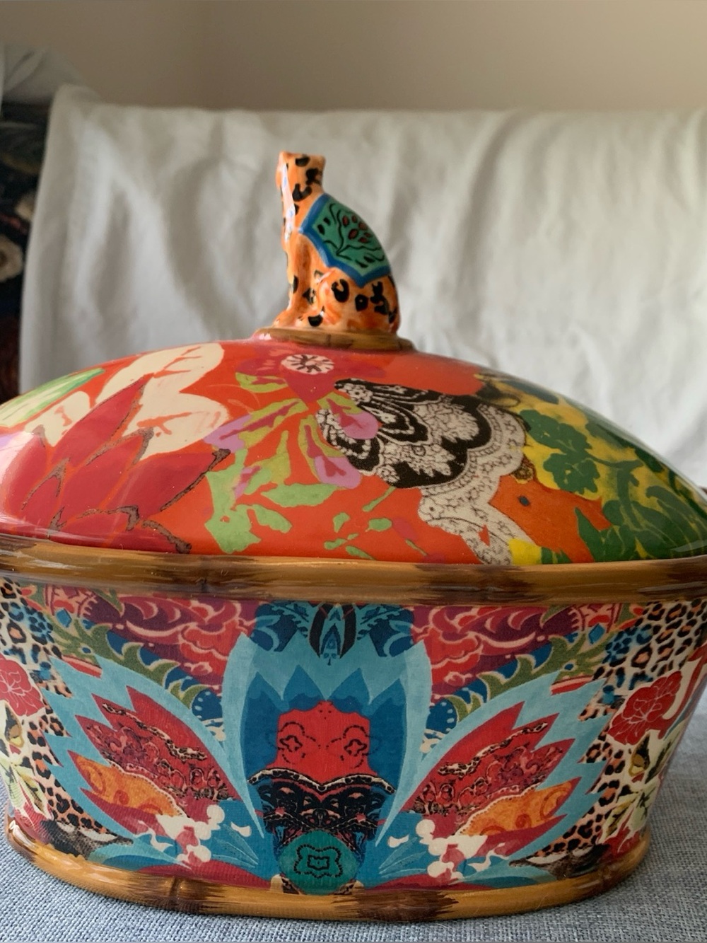 Wanderlust Turquoise, Orange & Pink Floral Ceramic Lidded Accent with Gold Trim